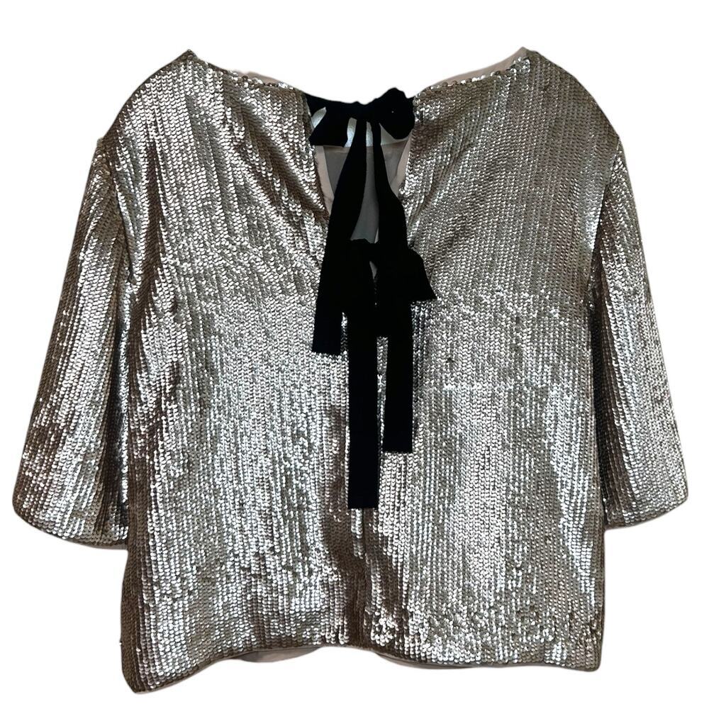 J. Crew - Women's Rose Gold Sequin Crop Top, Back Bow Ties - Gold, Black, Size 8 - Picture 3 of 13